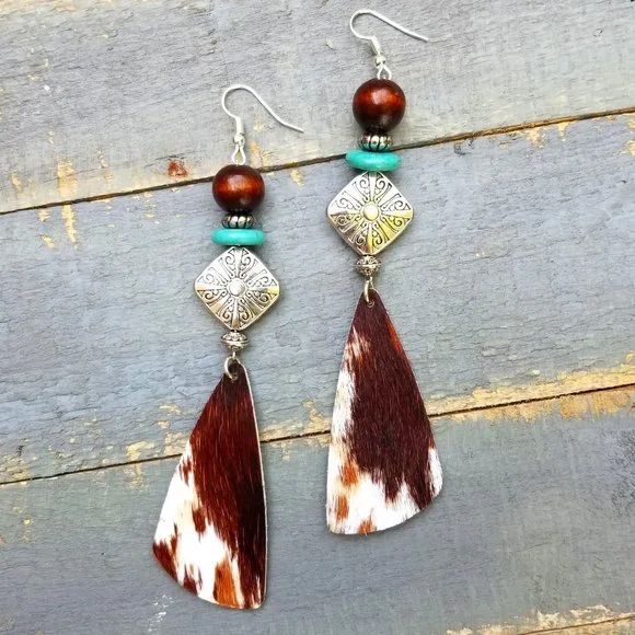 Artisan Hand Crafted Earrings Faux Cowhide Leather Silver Turquoise Brown Beaded - Picture 2 of 3